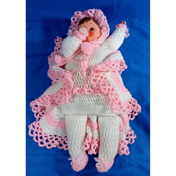 OOAK Vintage 24" Crocheted Knit  Baby Doll Face Drinking Bottle Pillow L… - Picture 9 of 9